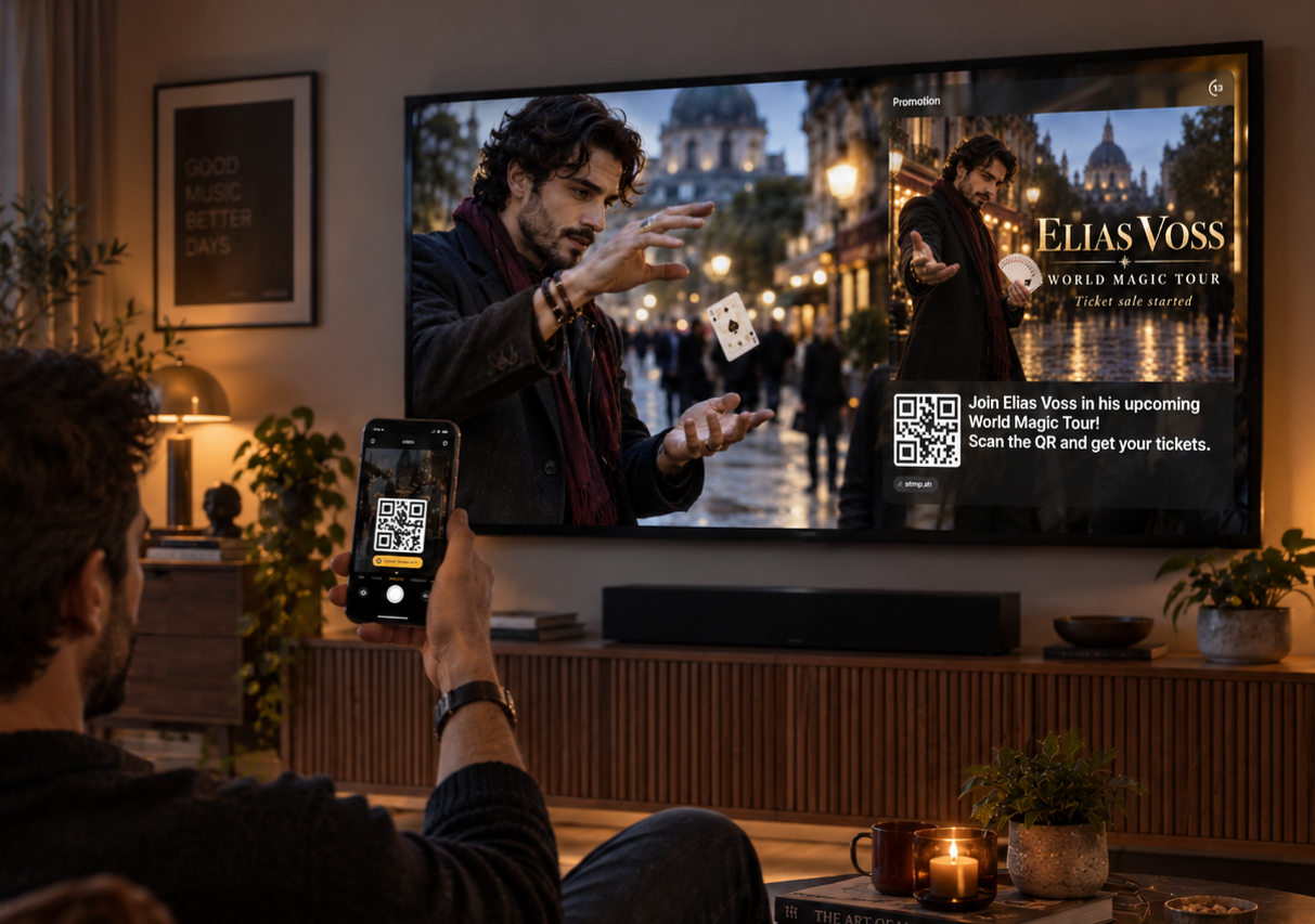 A fan scans the QR code on screen